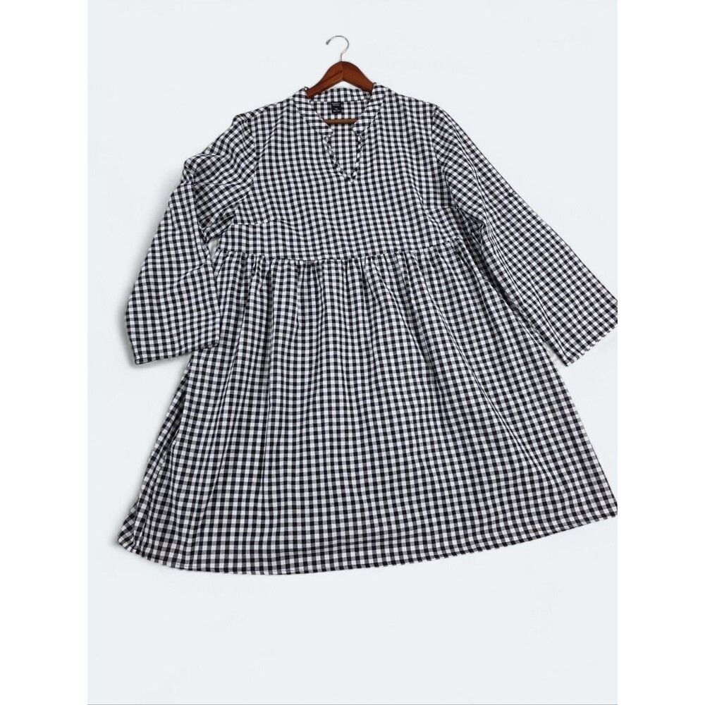Emery Rose Gingham Babydoll Dress Size 1XL Black White Plaid Long Sleeve Plus